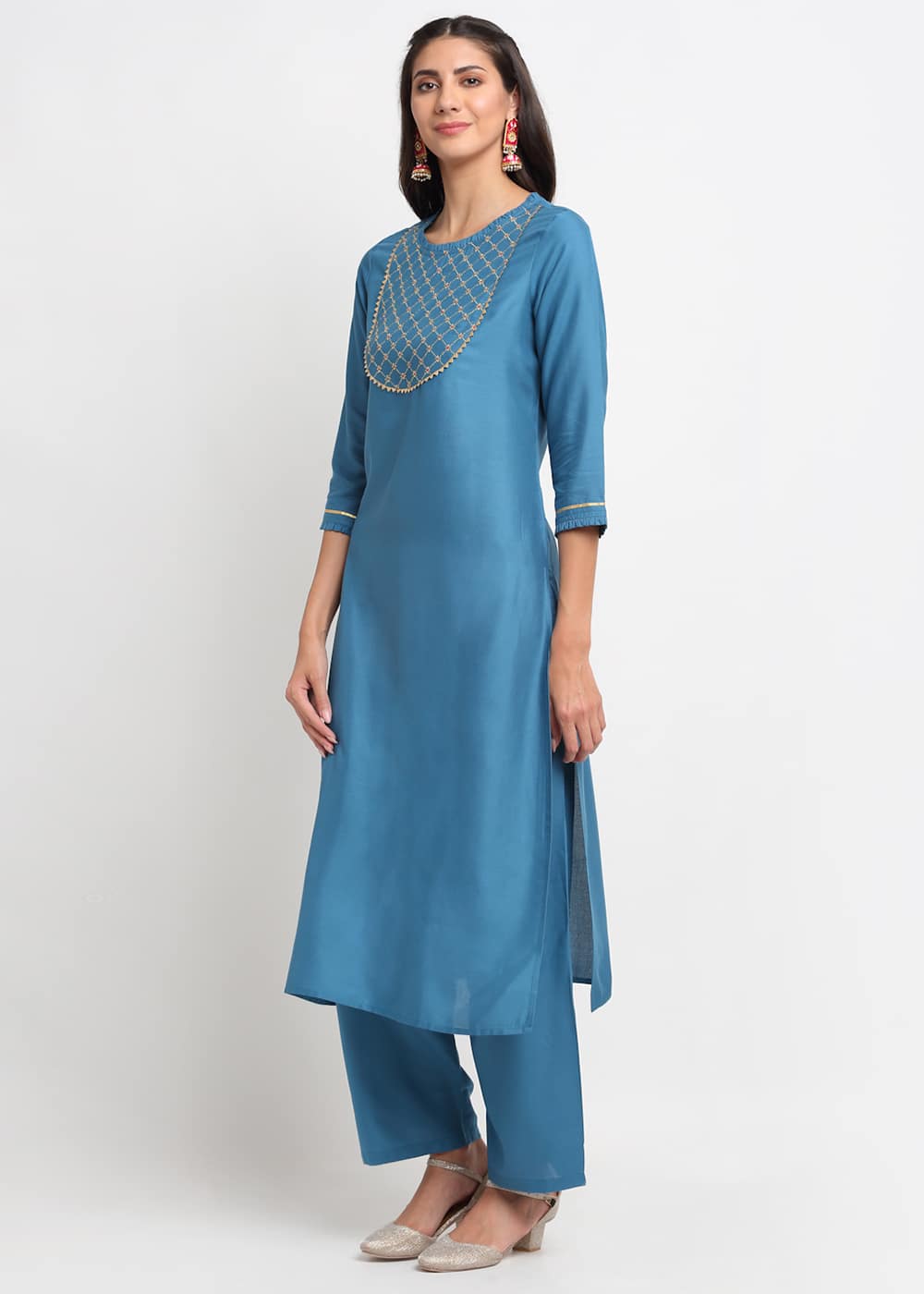 Grid Embroidered Yoke Kurti