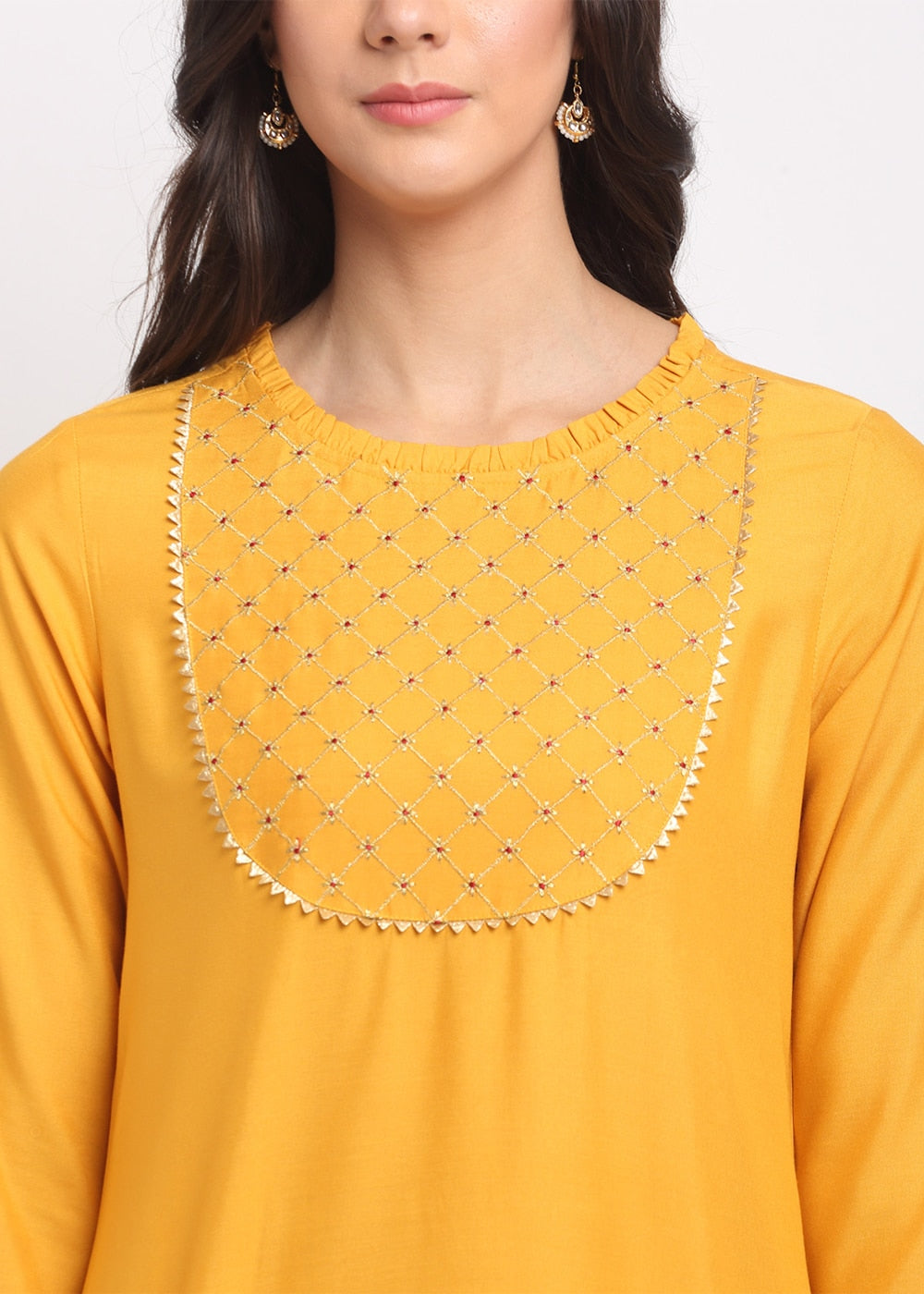 Grid Embroidered Yoke Kurti