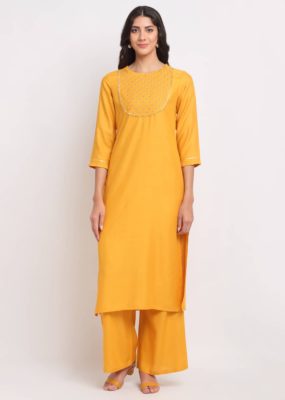 Grid Embroidered Yoke Kurti