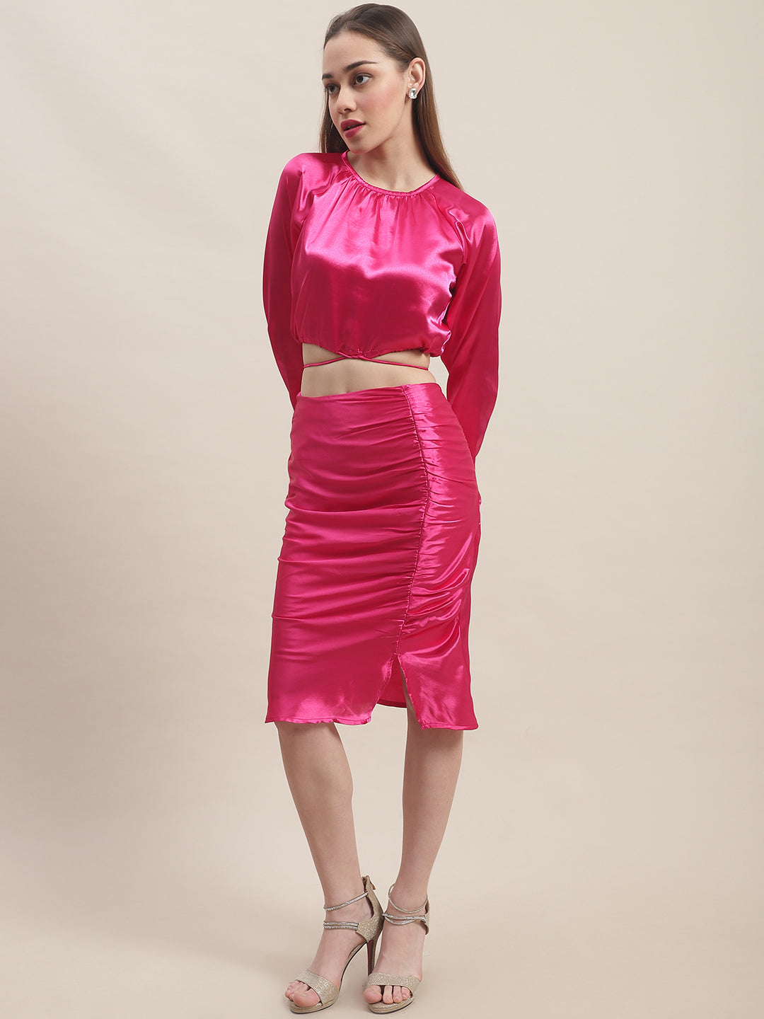 Hot Pink Top With Midi Skirt Co-Ord Set