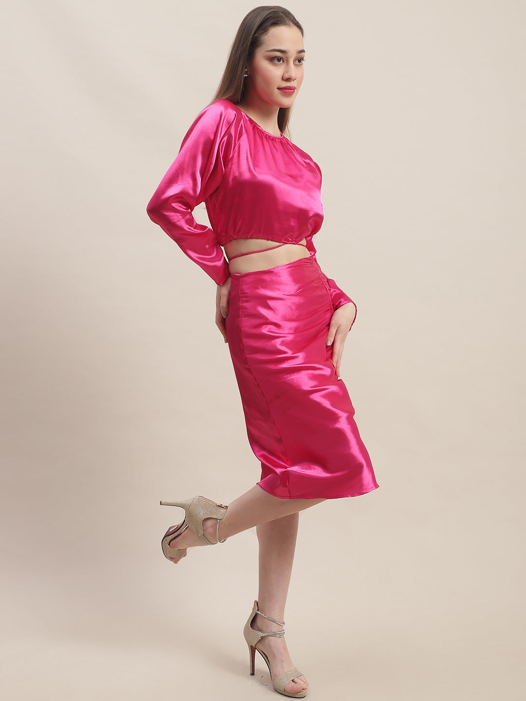 Hot Pink Top With Midi Skirt Co-Ord Set