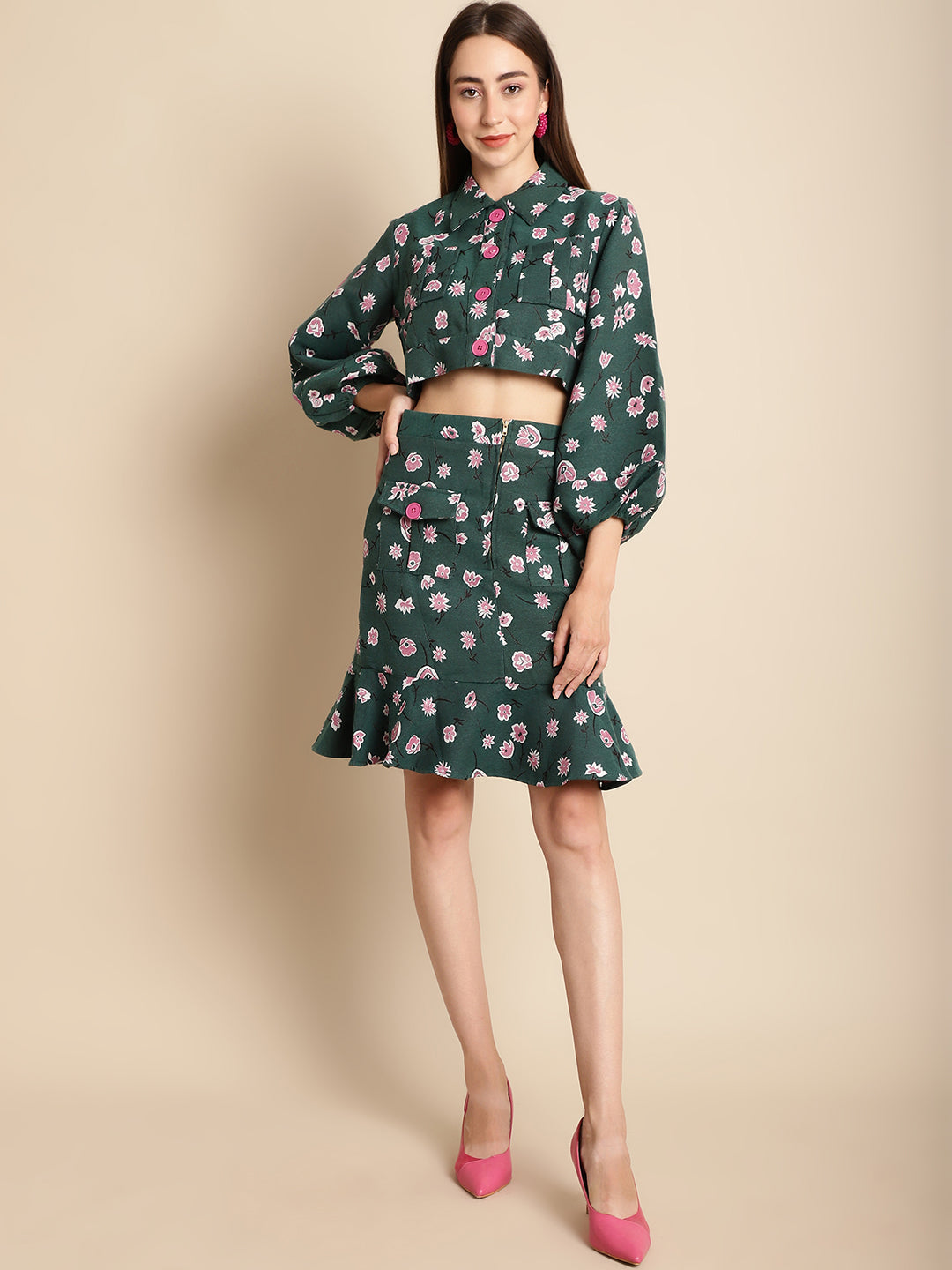 Jacquard Green Floral Jacket With Skirt Co-Ord Set
