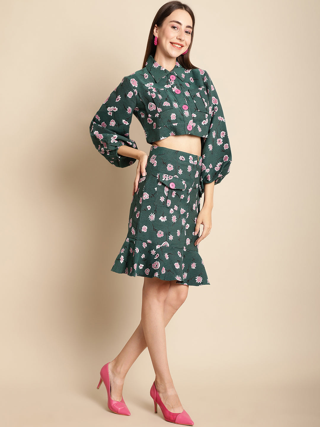 Jacquard Green Floral Jacket With Skirt Co-Ord Set