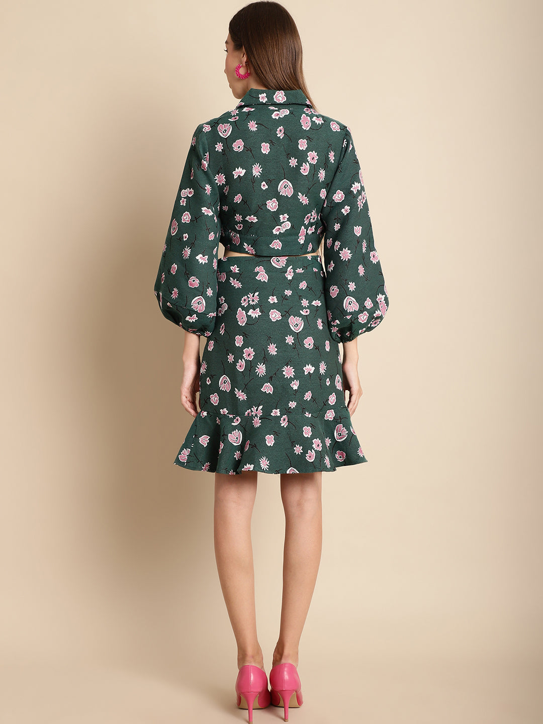 Jacquard Green Floral Jacket With Skirt Co-Ord Set
