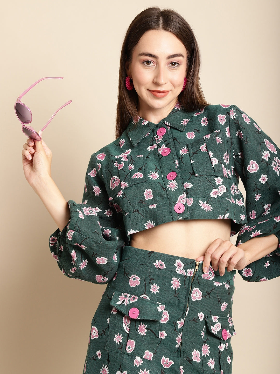 Jacquard Green Floral Jacket With Skirt Co-Ord Set