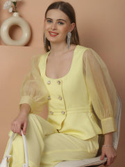 Lemon Yellow Double Breasted Organza Sleeves Top & Trouser Co-ord Set