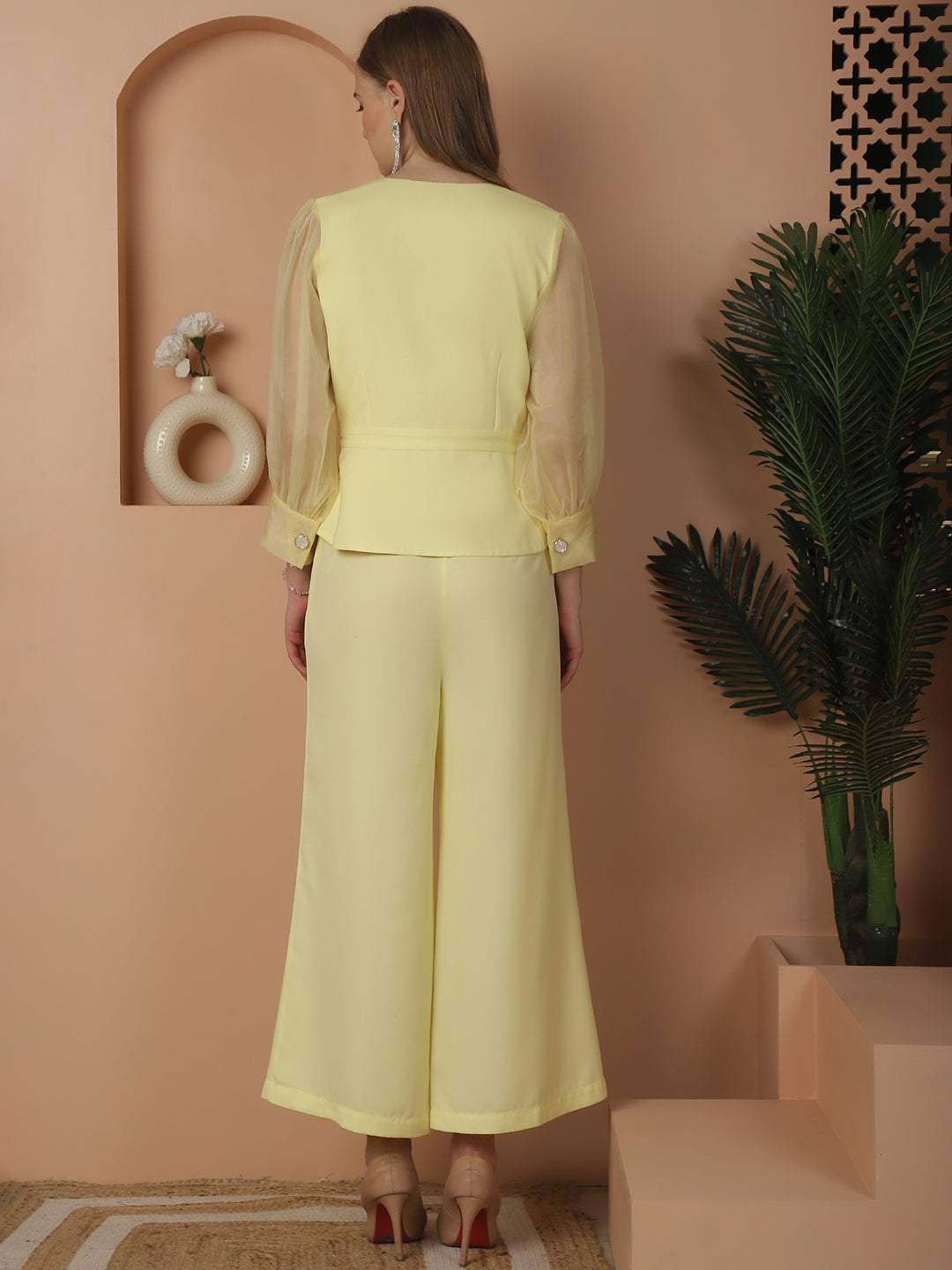 Lemon Yellow Double Breasted Organza Sleeves Top & Trouser Co-ord Set