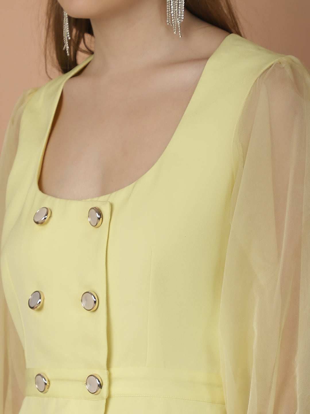Lemon Yellow Double Breasted Organza Sleeves Top & Trouser Co-ord Set