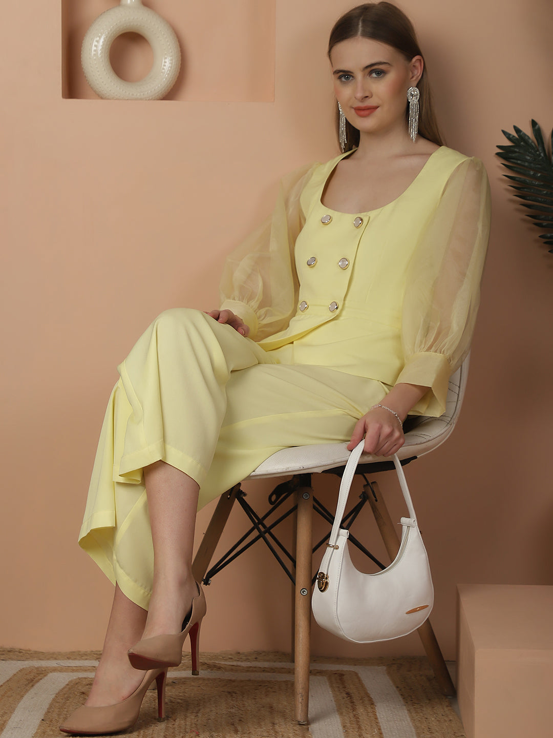 Lemon Yellow Double Breasted Organza Sleeves Top & Trouser Co-ord Set