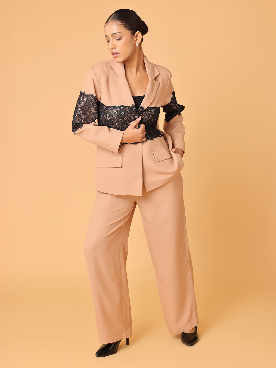 Light Brown Lace Patch Blazer Trouser Set