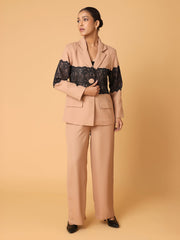 Light Brown Lace Patch Blazer Trouser Set