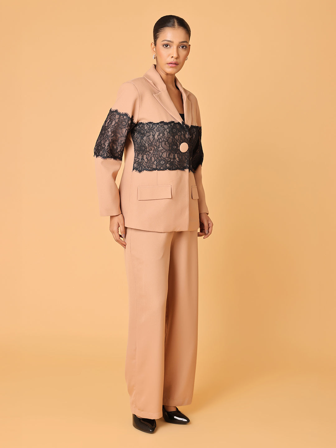 Light Brown Lace Patch Blazer Trouser Set