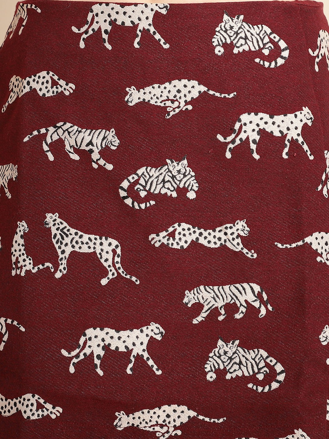Maroon Tiger Patterned Coat With Short Skirt Co-Ord Set