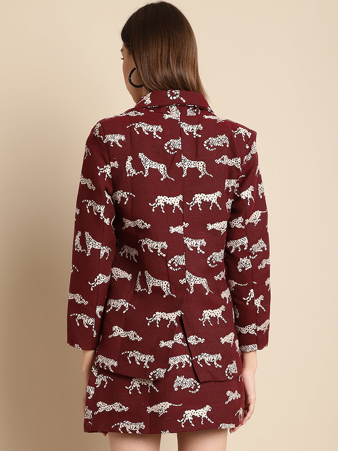 Maroon Tiger Patterned Coat With Short Skirt Co-Ord Set