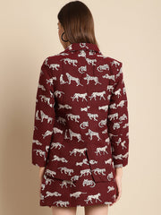 Maroon Tiger Patterned Coat With Short Skirt Co-Ord Set