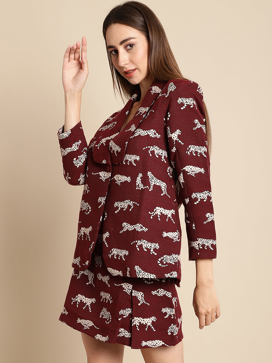 Maroon Tiger Patterned Coat With Short Skirt Co-Ord Set