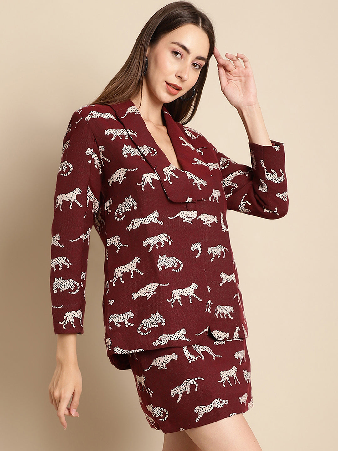 Maroon Tiger Patterned Coat With Short Skirt Co-Ord Set