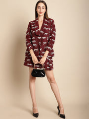 Maroon Tiger Patterned Coat With Short Skirt Co-Ord Set