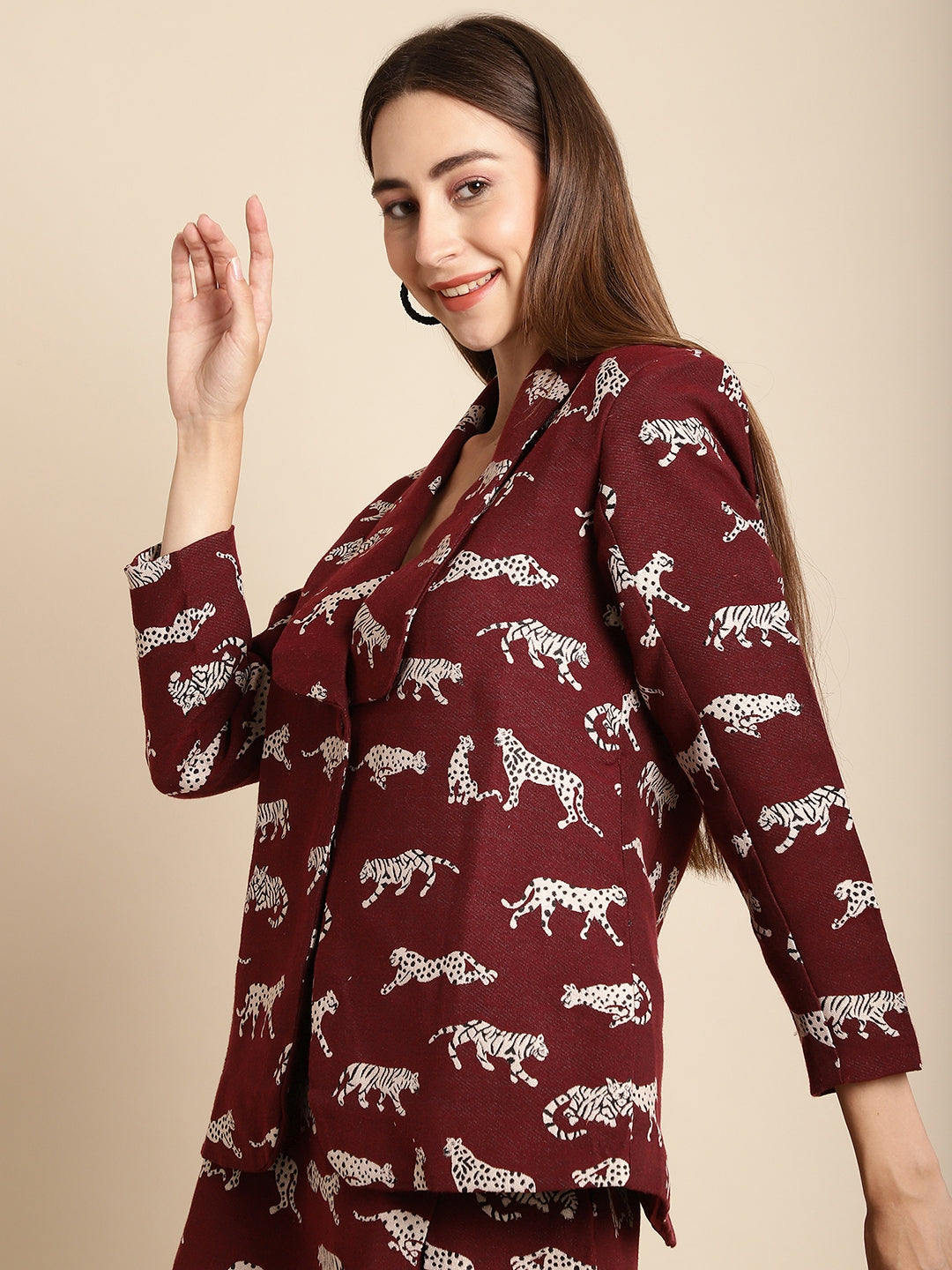 Maroon Tiger Patterned Coat With Short Skirt Co-Ord Set