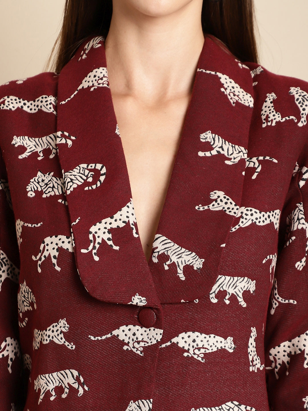 Maroon Tiger Patterned Coat With Short Skirt Co-Ord Set