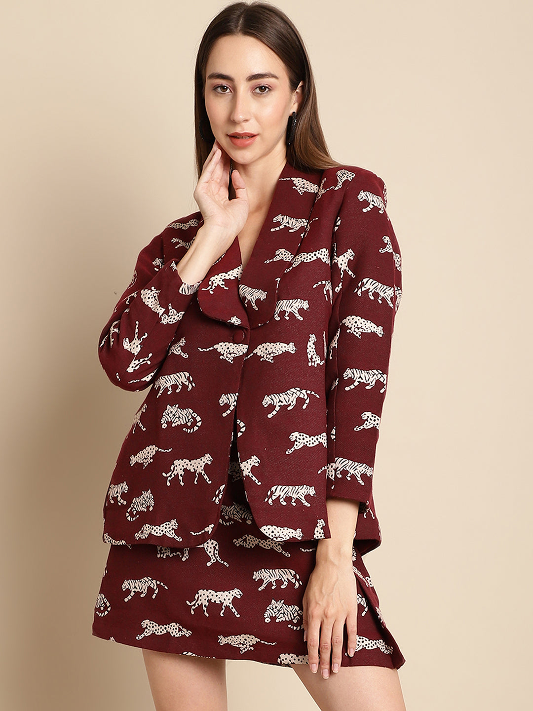 Maroon Tiger Patterned Coat With Short Skirt Co-Ord Set