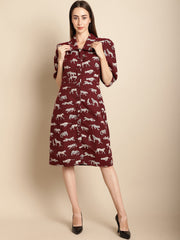 Maroon Tiger Patterned Jacquard Dress