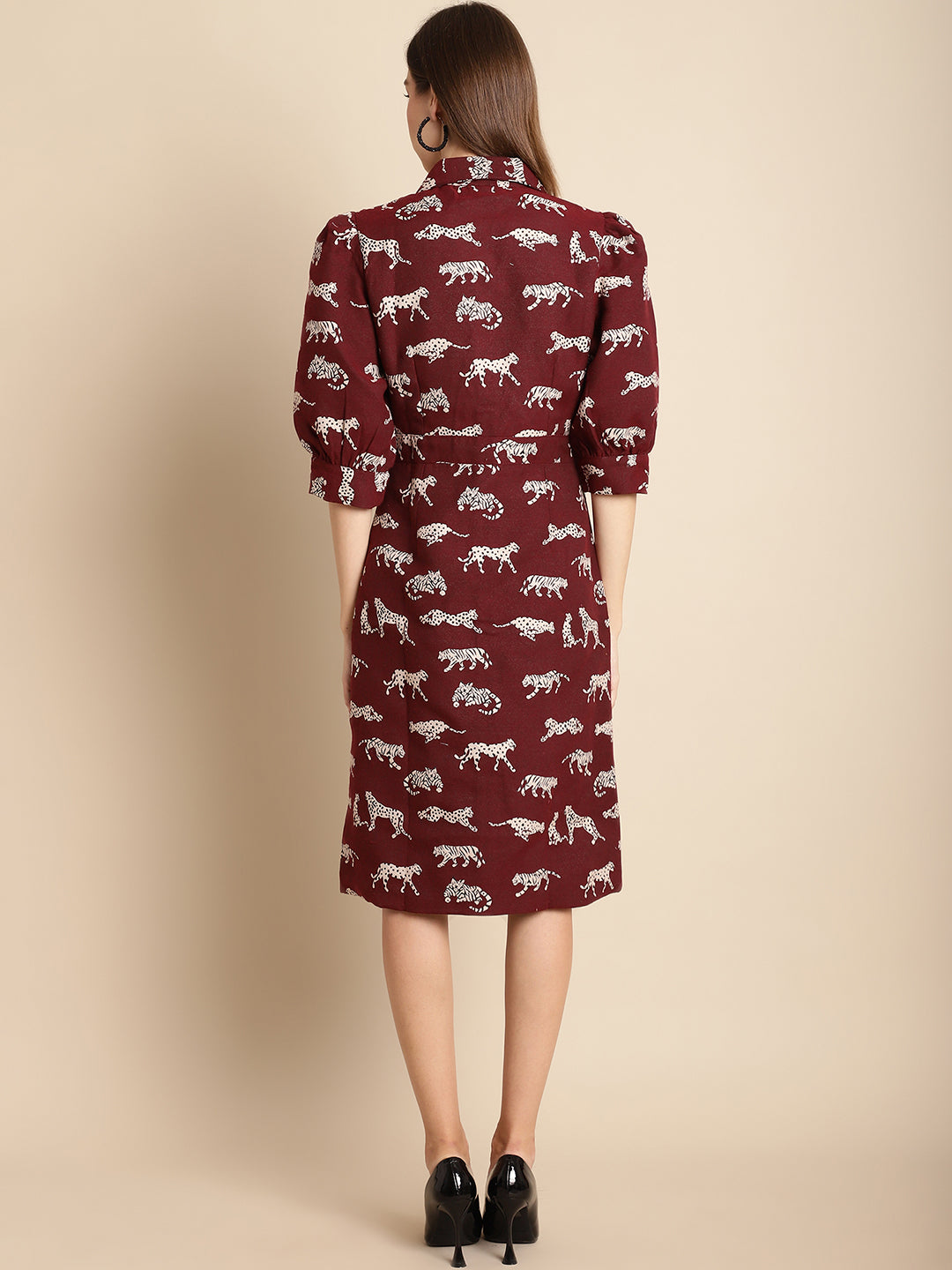 Maroon Tiger Patterned Jacquard Dress