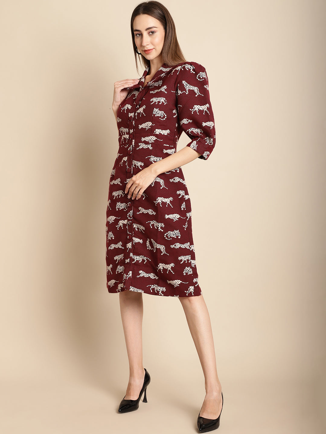 Maroon Tiger Patterned Jacquard Dress
