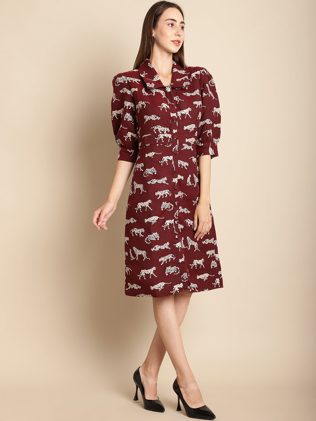 Maroon Tiger Patterned Jacquard Dress