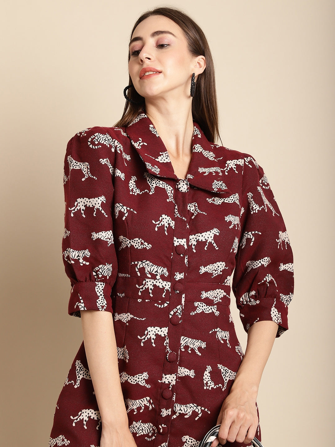 Maroon Tiger Patterned Jacquard Dress