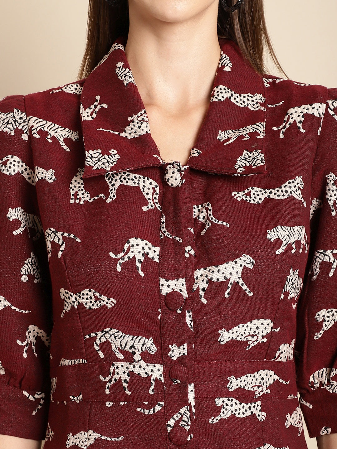 Maroon Tiger Patterned Jacquard Dress
