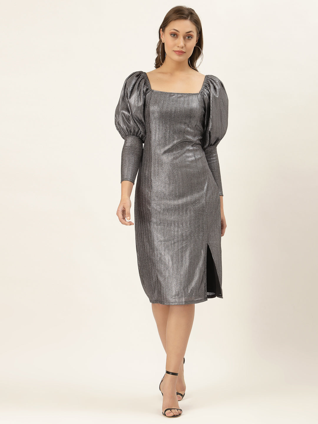 Metallic Puffed Sleeve Dress