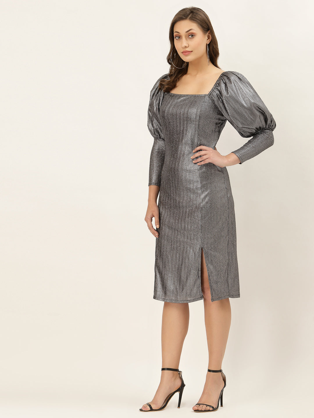 Metallic Puffed Sleeve Dress