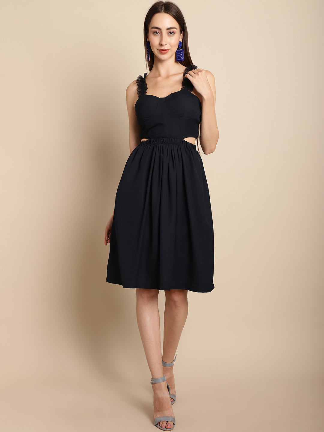 Navy Blue Cut-Out Flared Dress