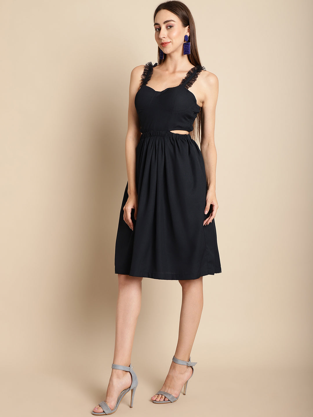 Navy Blue Cut-Out Flared Dress
