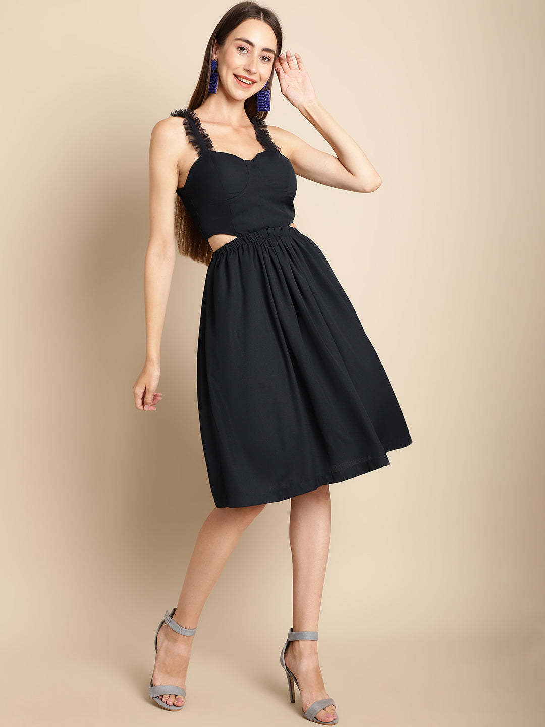 Navy Blue Cut-Out Flared Dress