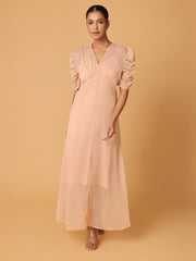 Nude Peach Puffed Cowl Sleeves Dress