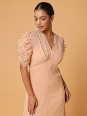 Nude Peach Puffed Cowl Sleeves Dress