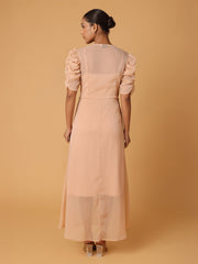 Nude Peach Puffed Cowl Sleeves Dress