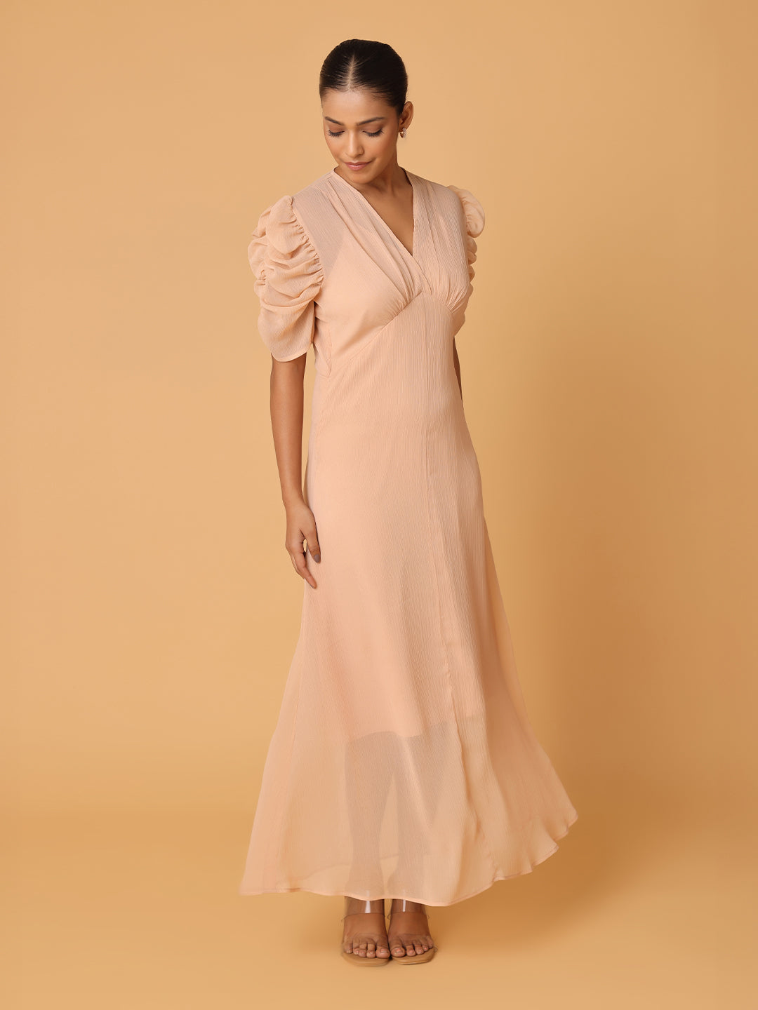Nude Peach Puffed Cowl Sleeves Dress