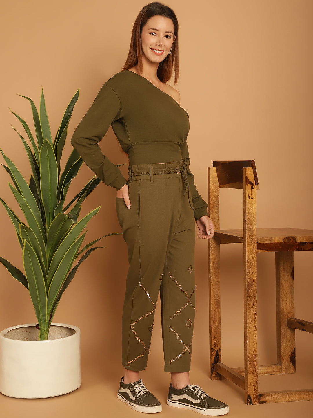 One Sided Off Shoulder Sweatshirt With Embellished Trouser