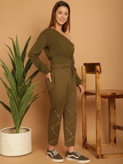 One Sided Off Shoulder Sweatshirt With Embellished Trouser