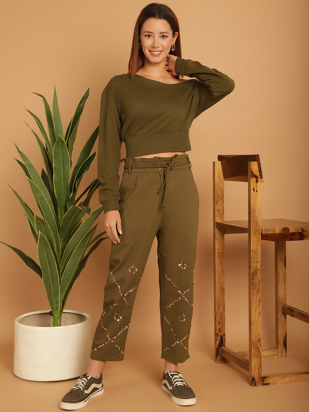 One Sided Off Shoulder Sweatshirt With Embellished Trouser