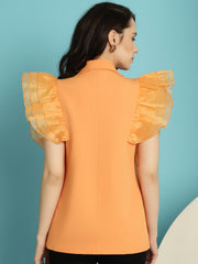 Orange Blazer with Organza Ruffle Sleeves