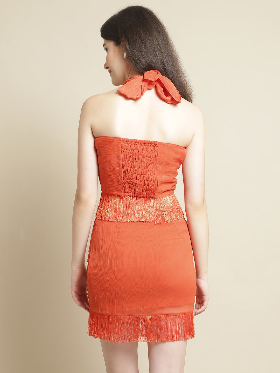 Orange Chiffon Wrap Top With Skirt
