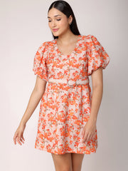 Orange Floral Dress with Belt