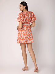 Orange Floral Dress with Belt