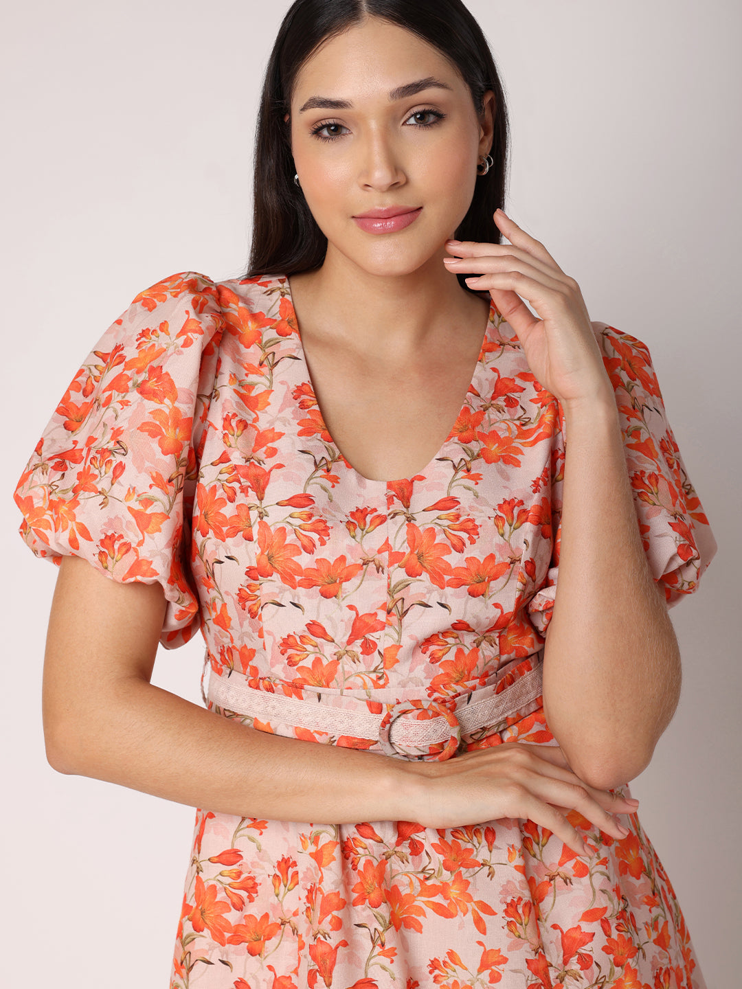 Orange Floral Dress with Belt