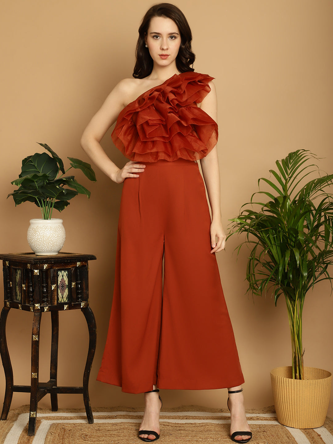 Brown Organza Frill Crop Top With Trouser