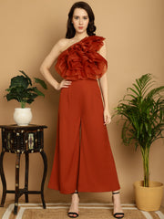 Brown Organza Frill Crop Top With Trouser